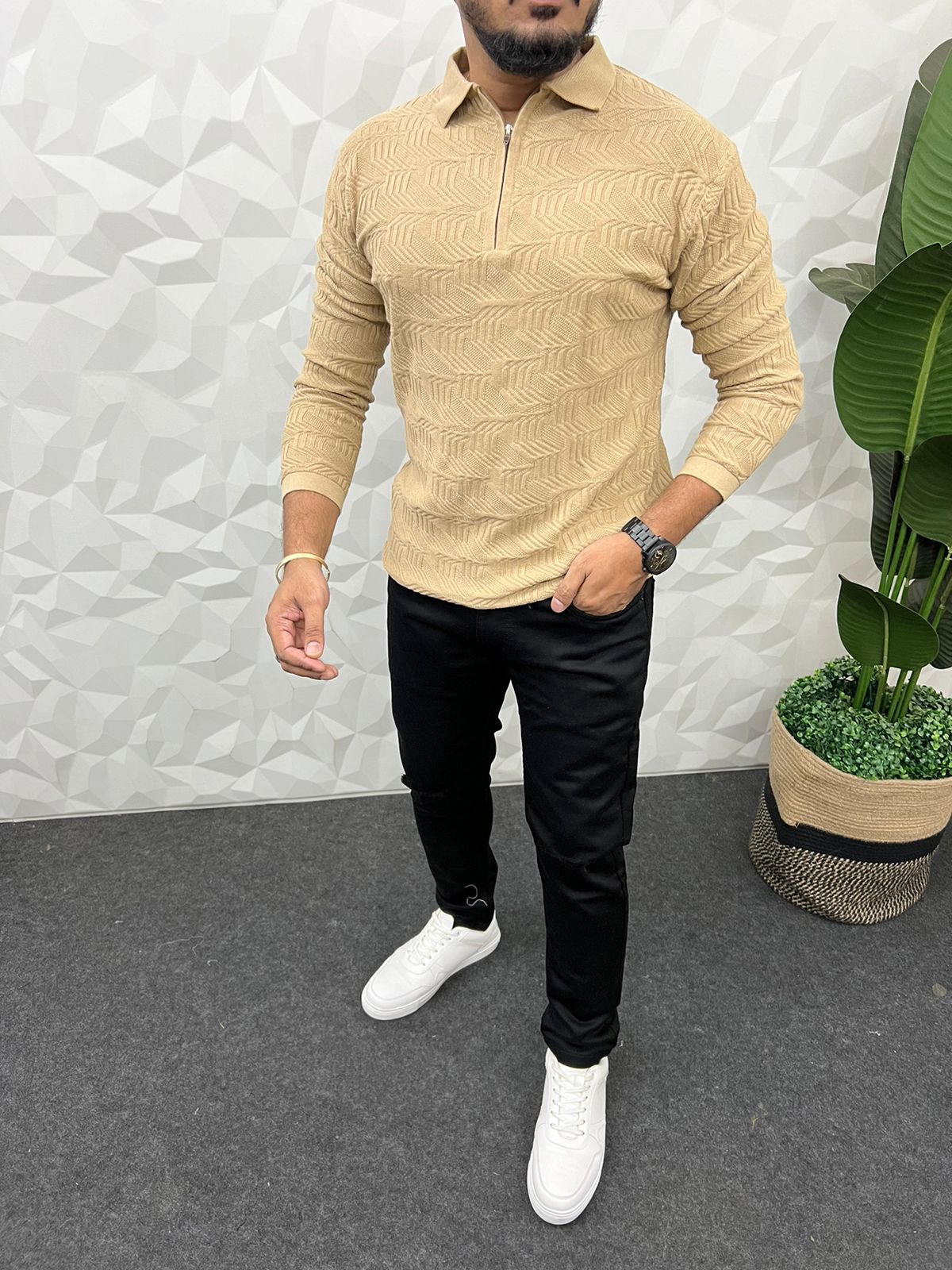 Aztec polo knitted full t-shirt ( cream )