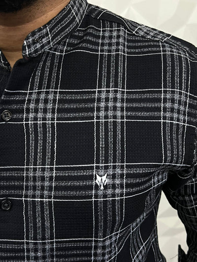 Mandarin collar chex texture shirt