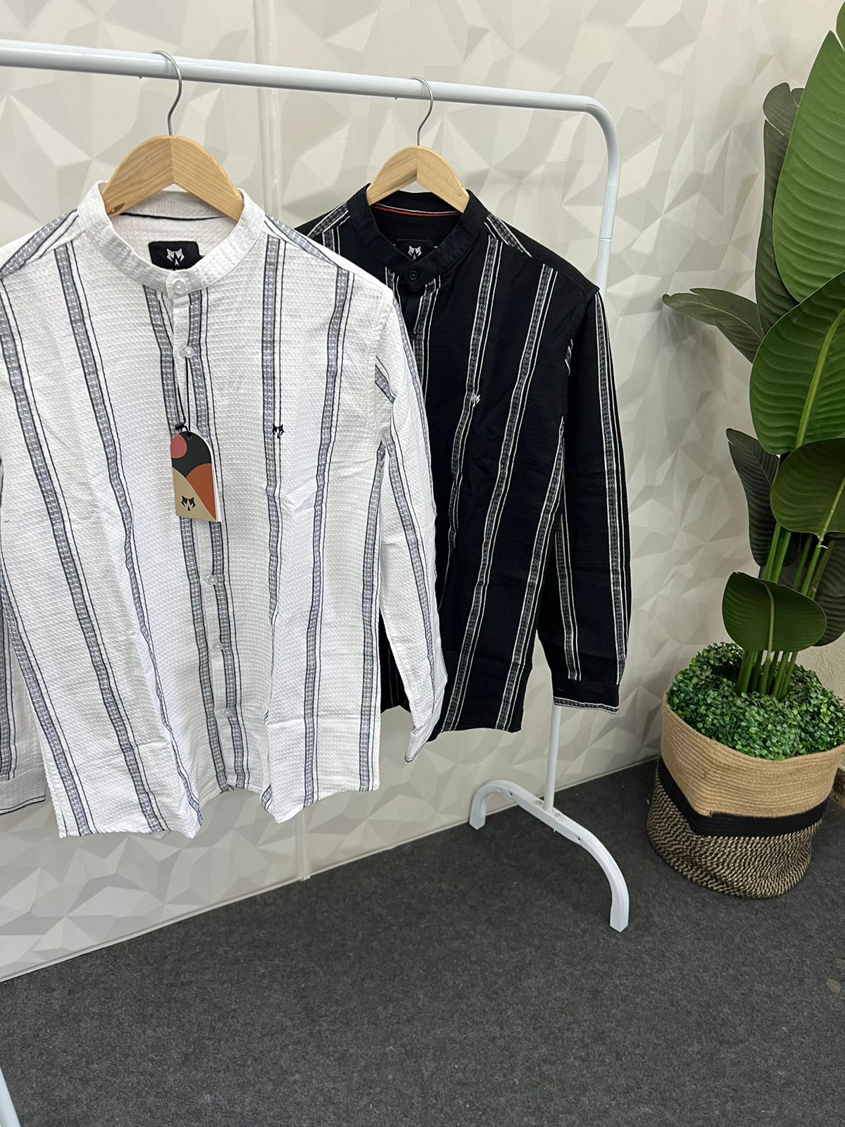 Mandarin collar stripes texture shirt