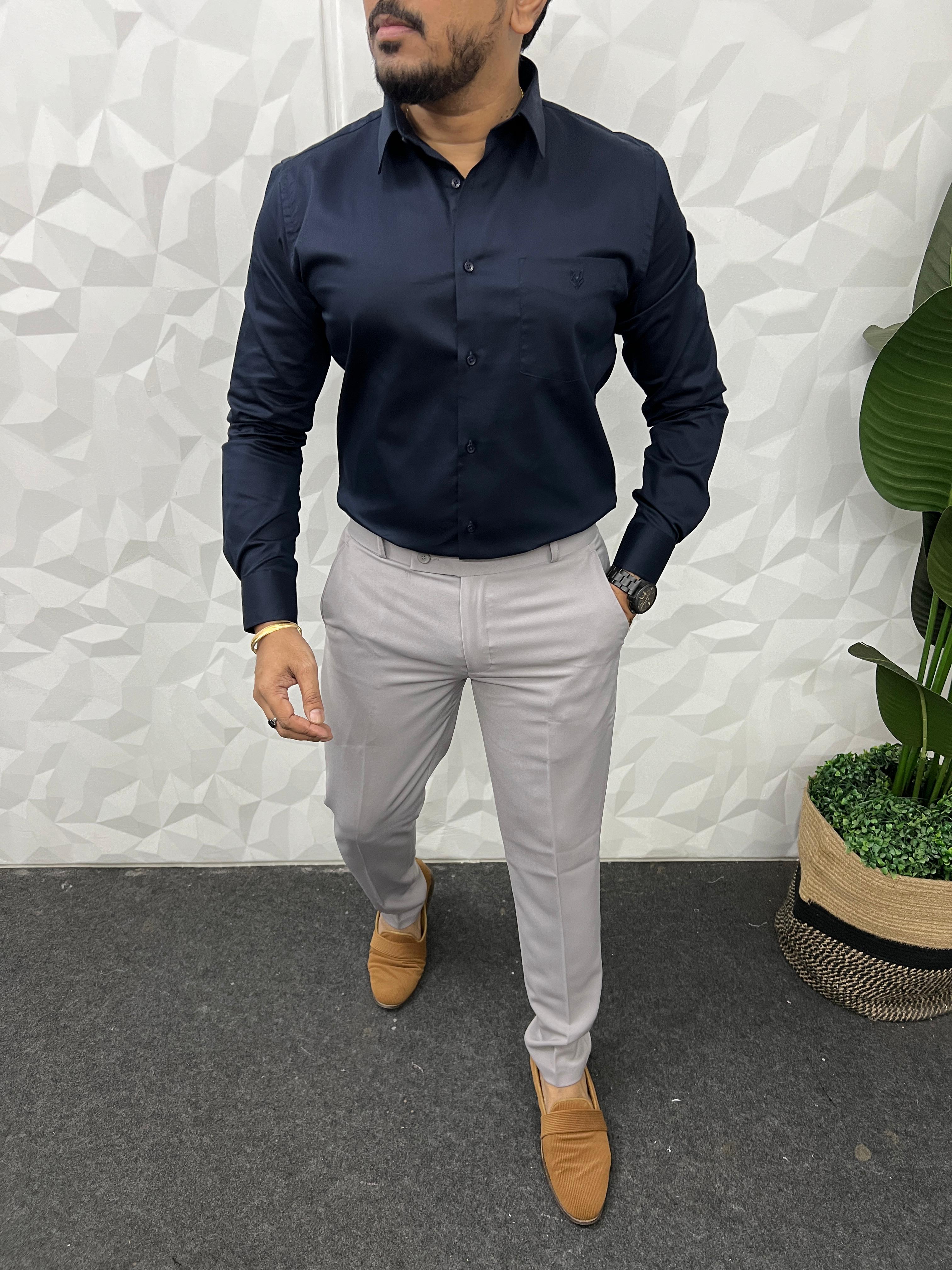 Cotton Lycra Plain Shirt ( navy blue )