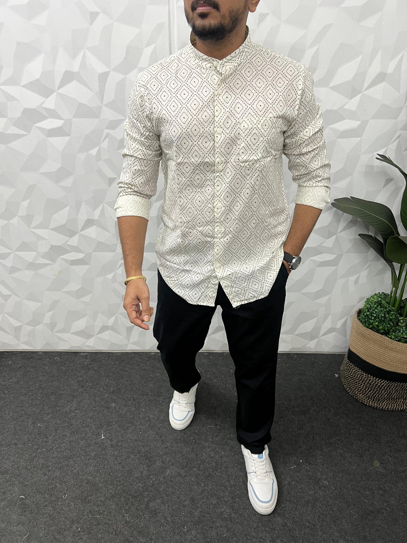 Mandarin collar printed shirt