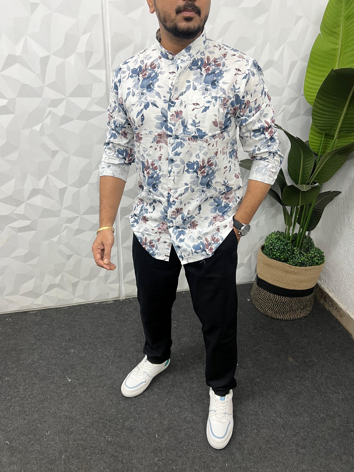 Mandarin collar printed shirt