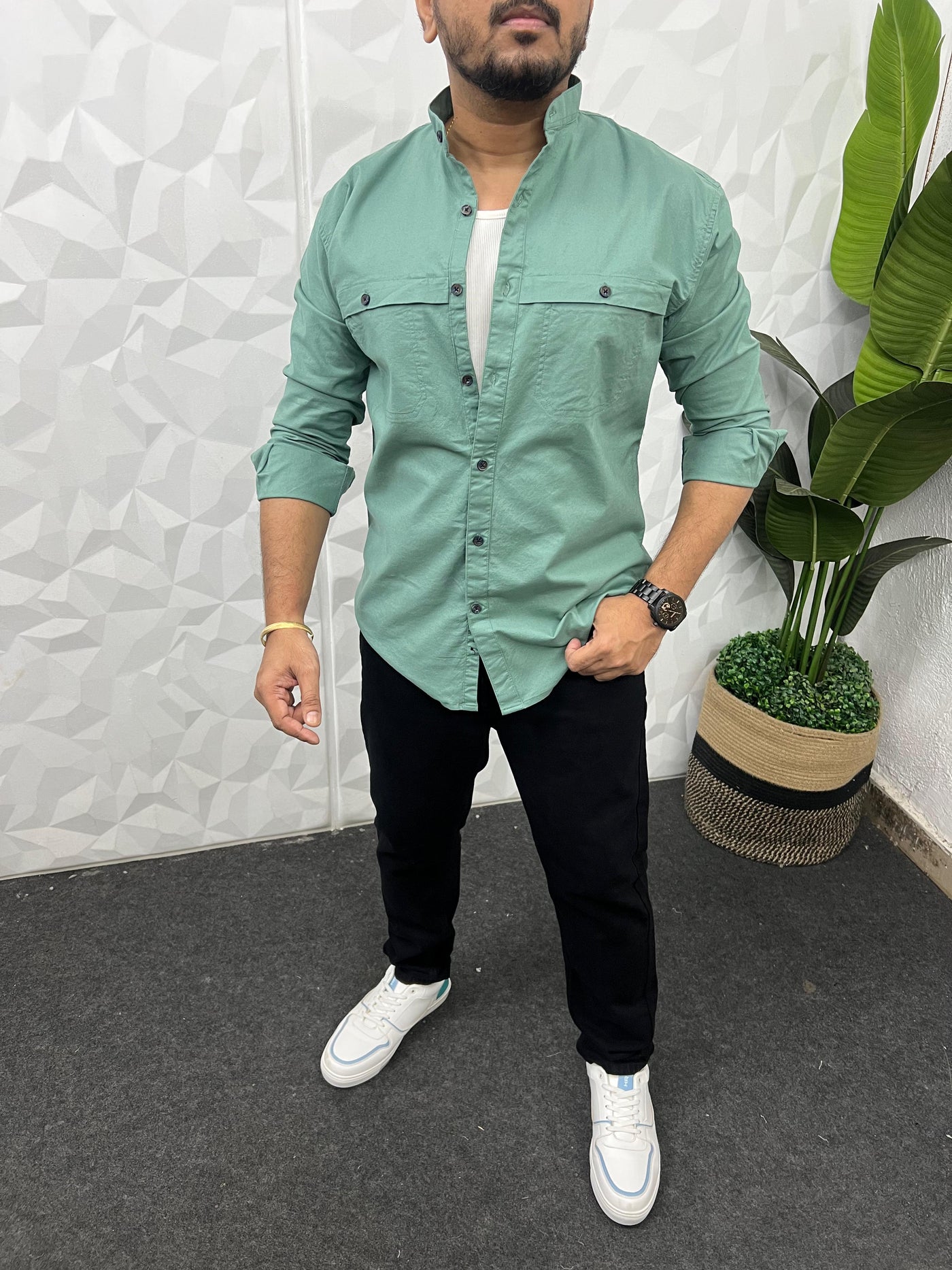 Mandarin collar oxford cargo shirt (Sea green)