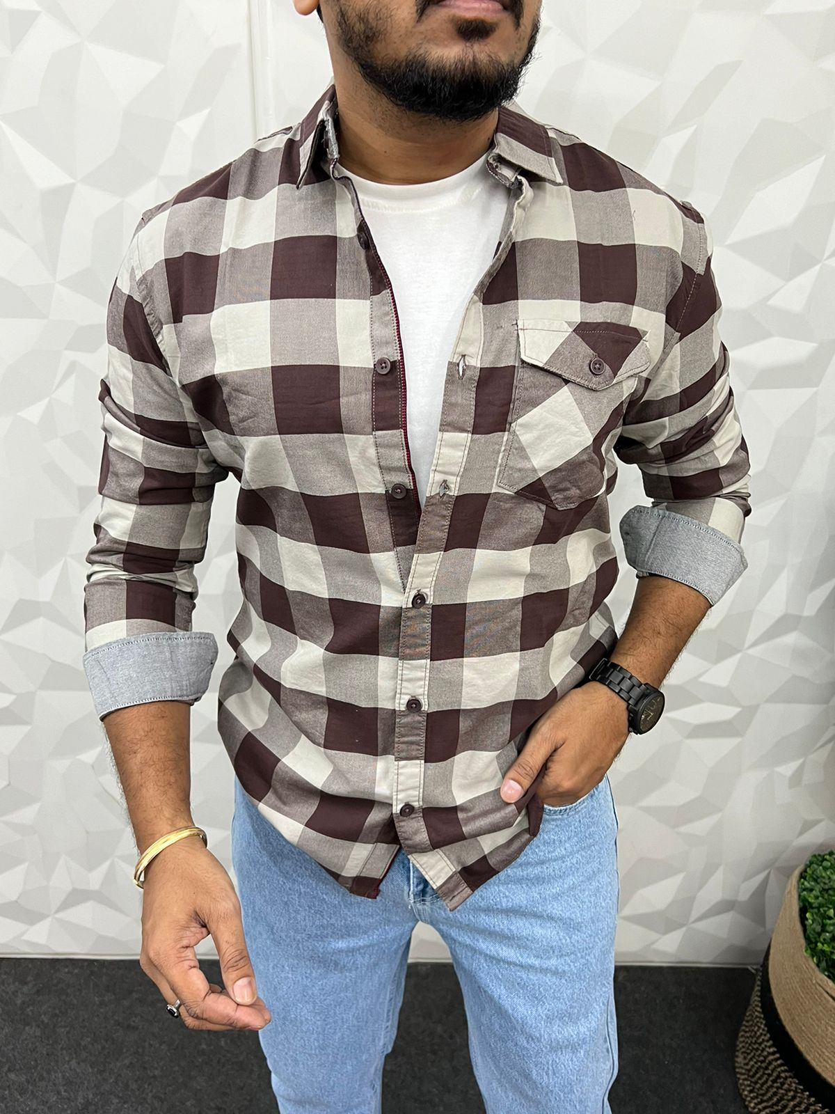 Flap pocket oxford chex shirt