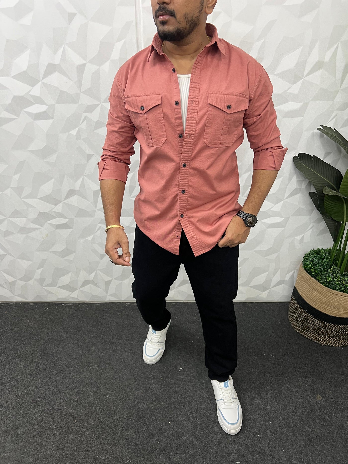 Oxford lycra cargo shirt (Dark Pink)