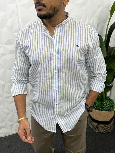 Linen fabric mandarin collar stripes shirt