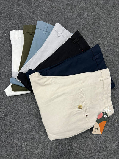Linen fabric ankle chinos ( teal blue )
