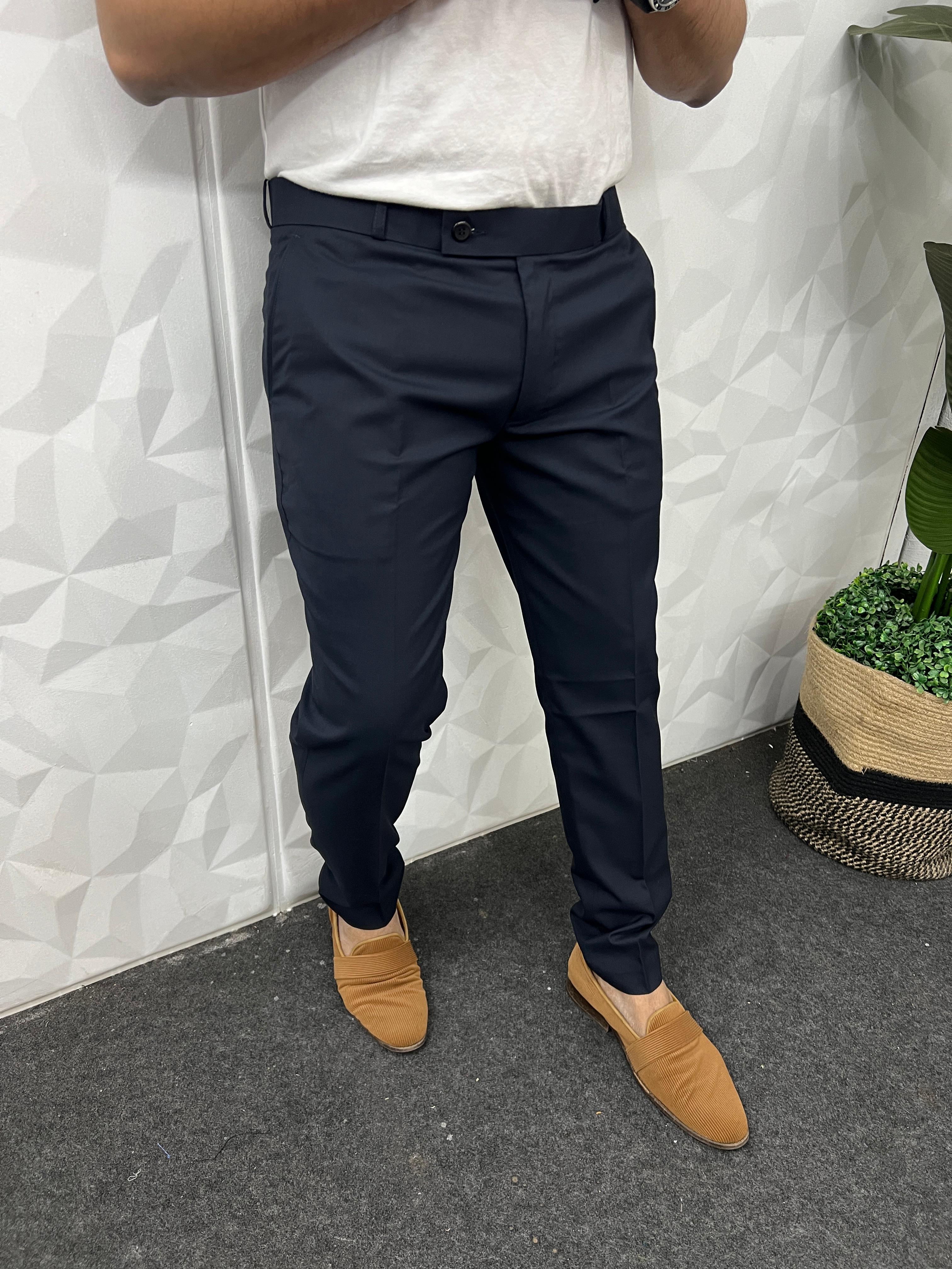 Melange cotton fabric trouser ( navy blue )