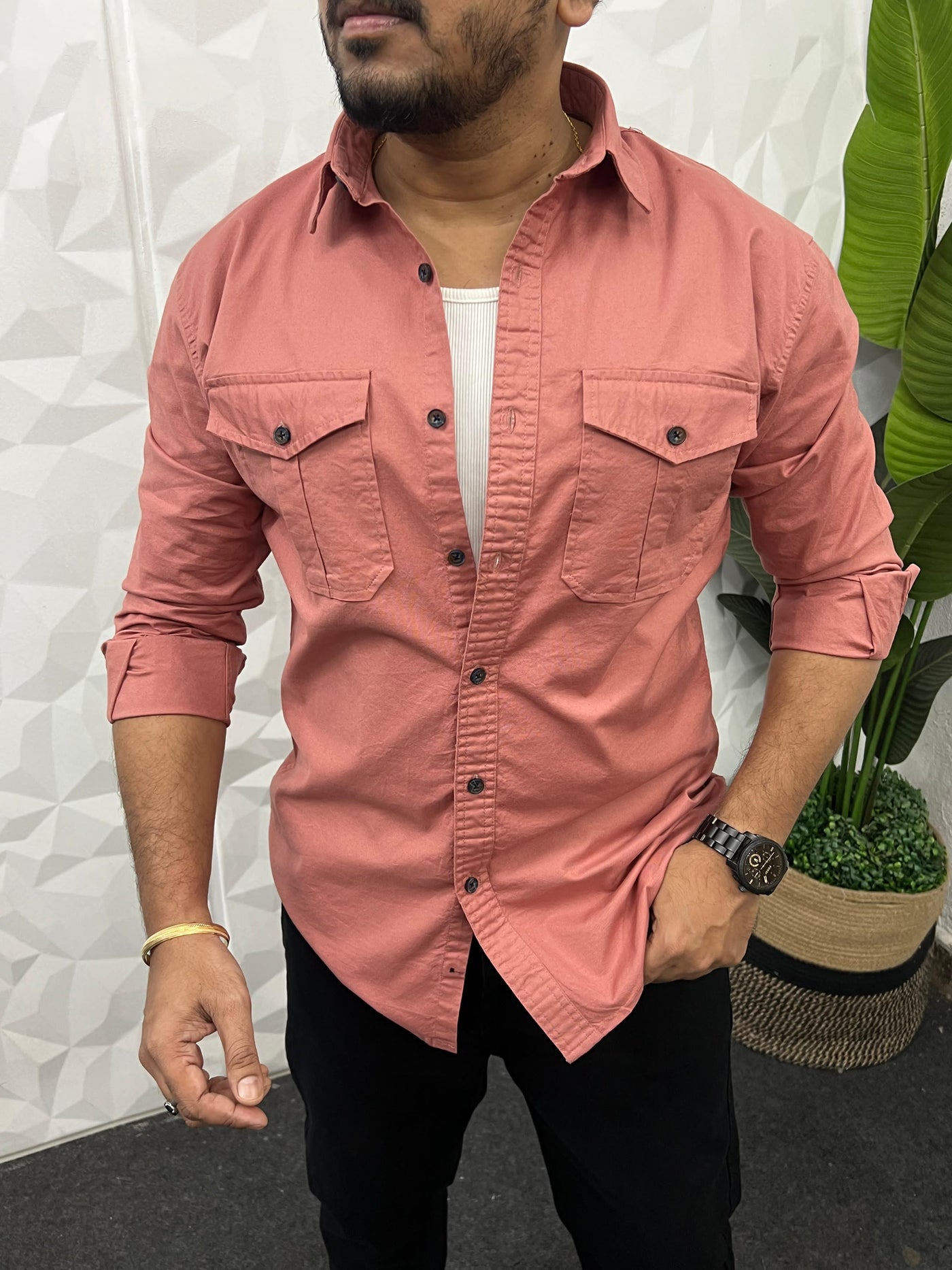 Oxford lycra cargo shirt (Dark Pink)