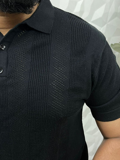 knitted fabric collar t-shirt ( black )