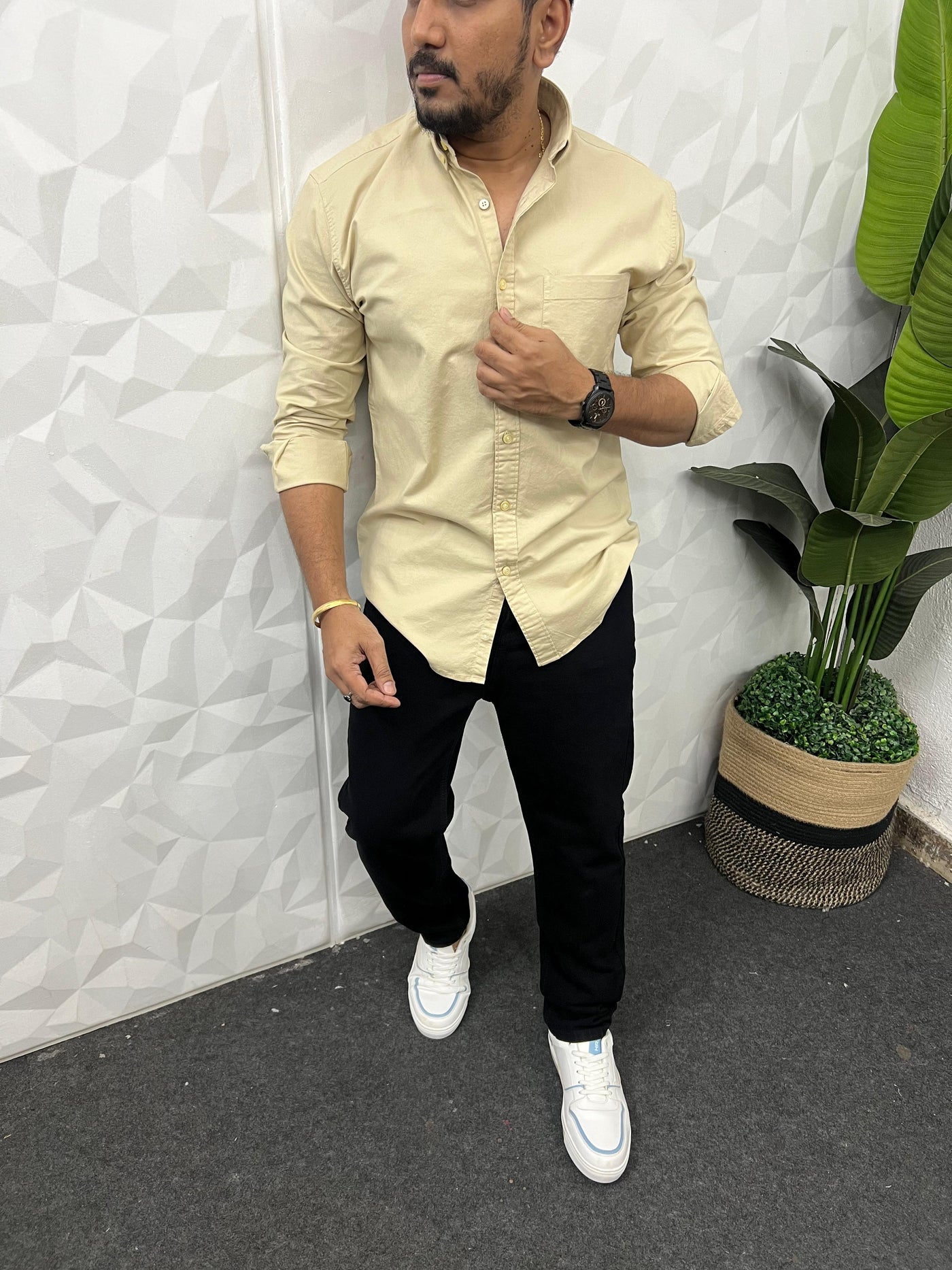 Oxford lycra solid shirt (Cream)