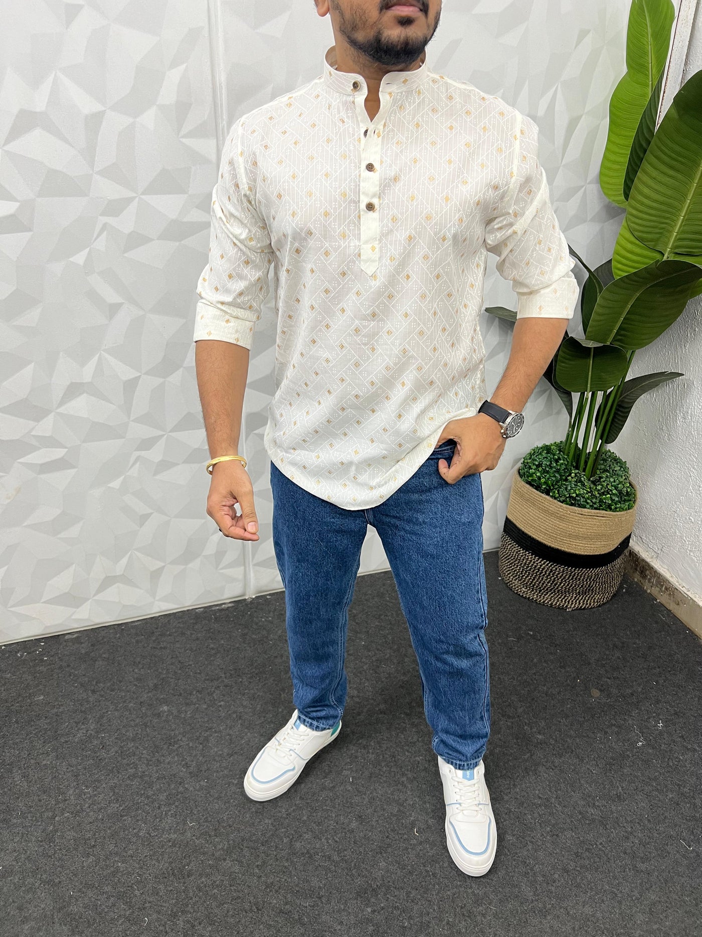Special jacquard white short kurta