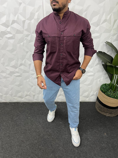 Mandarin collar oxford cargo shirt (Wine)