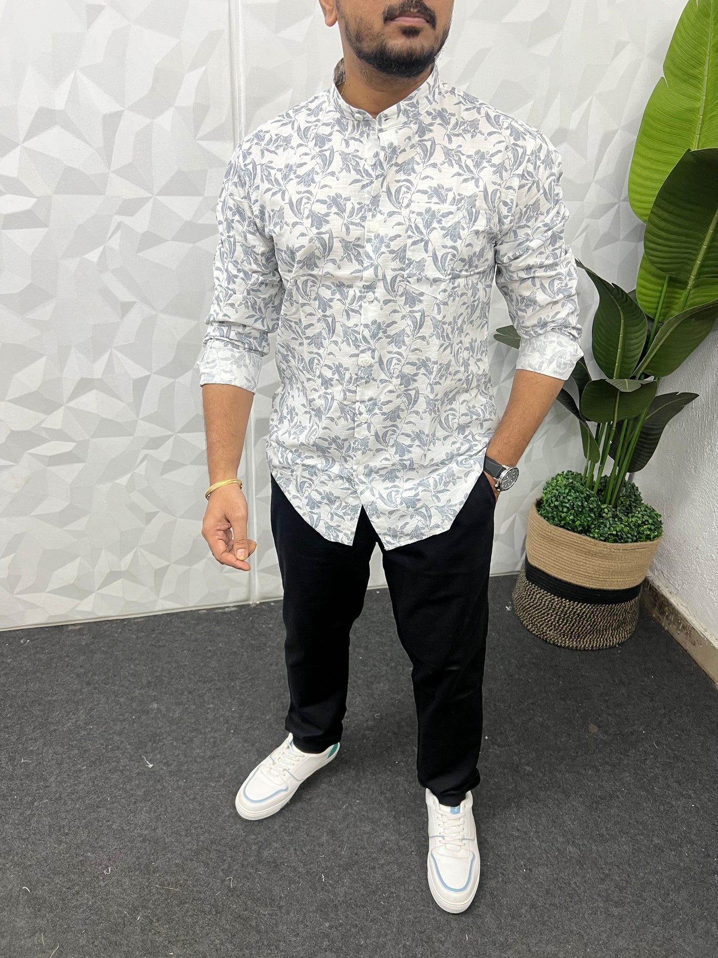 Mandarin collar printed shirt