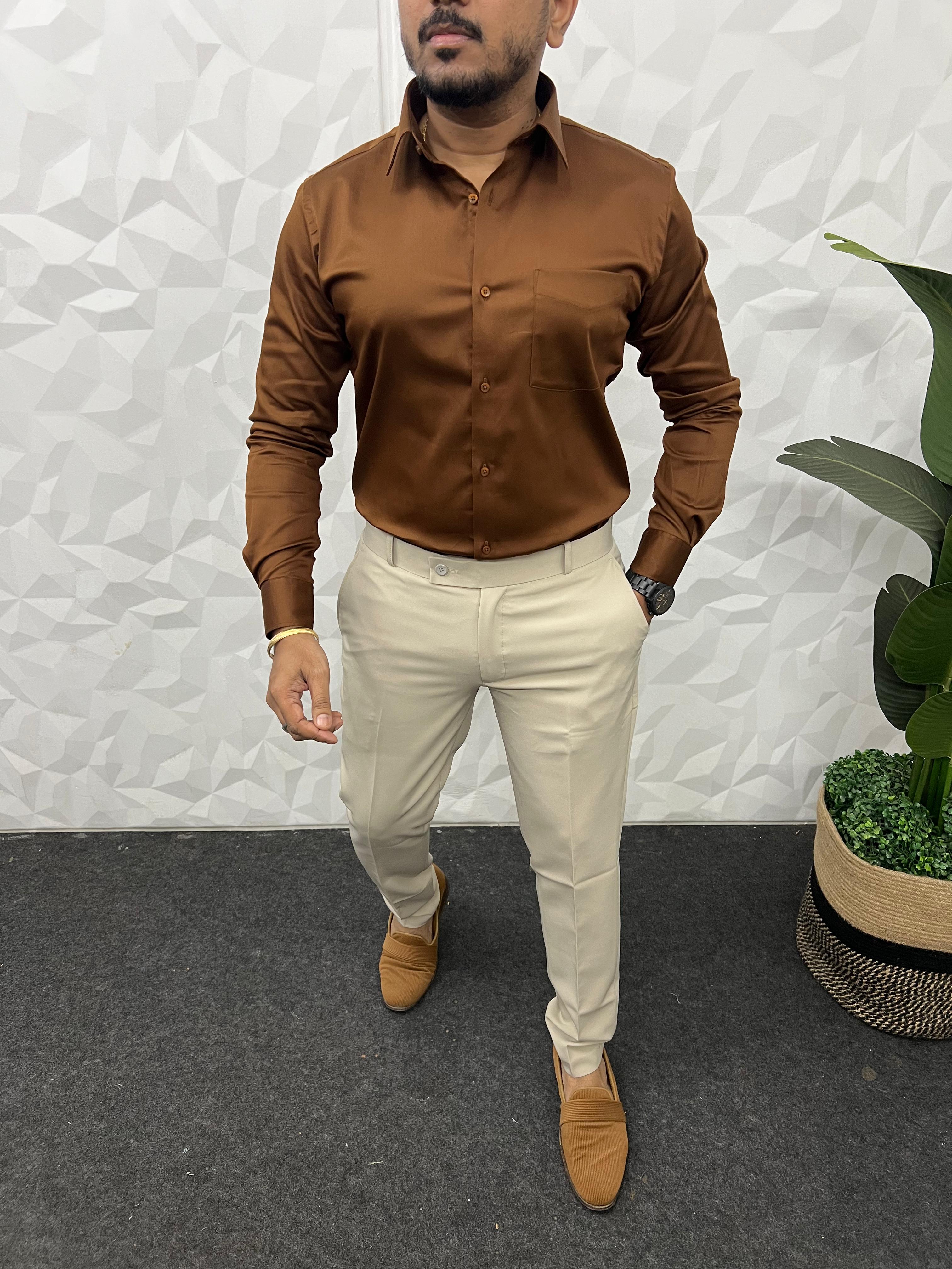 Cotton lycra plain shirt ( Brown )