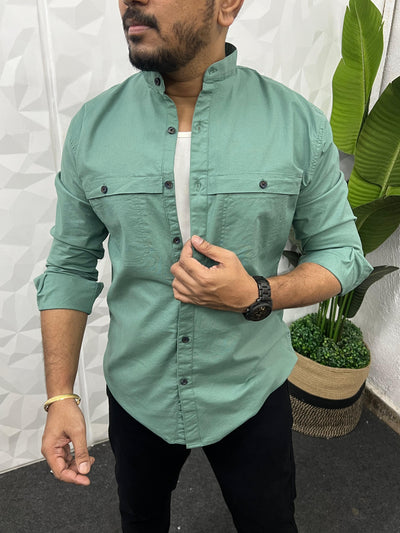 Mandarin collar oxford cargo shirt (Sea green)