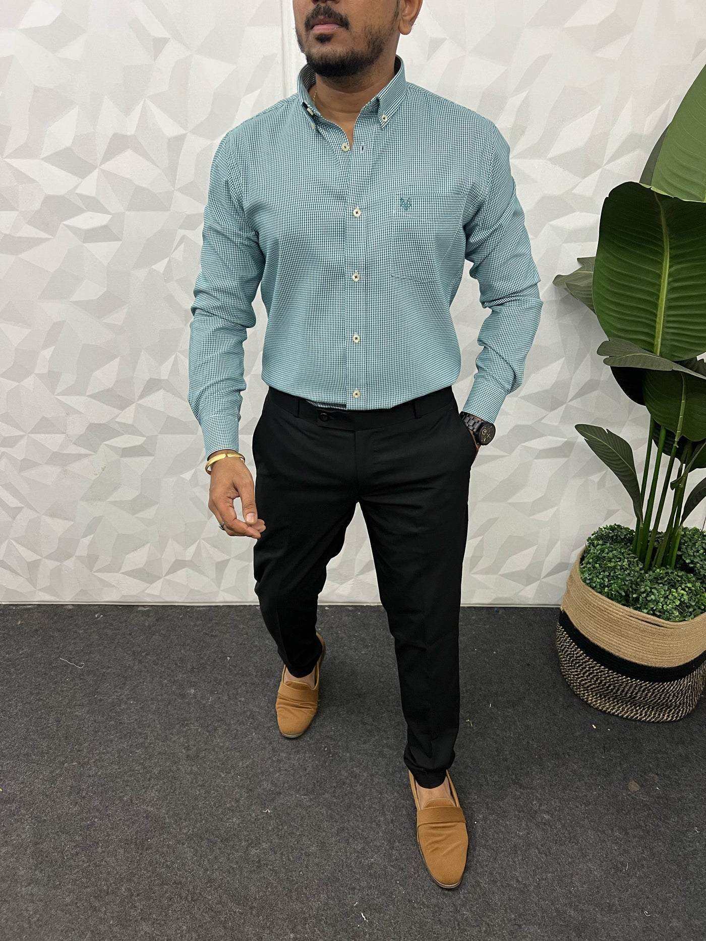 Oxford fabric formal small chex shirt