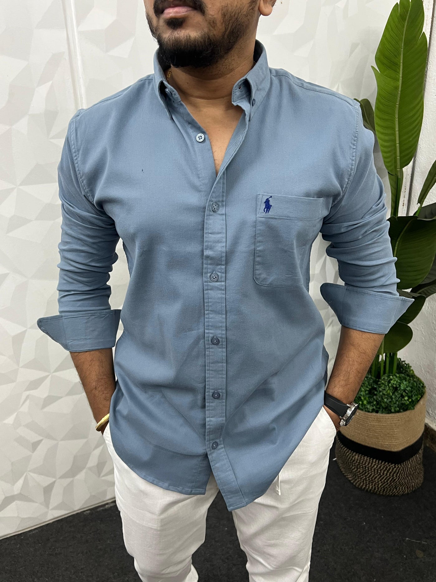 Corduroy lycra fabric shirt (Blue)