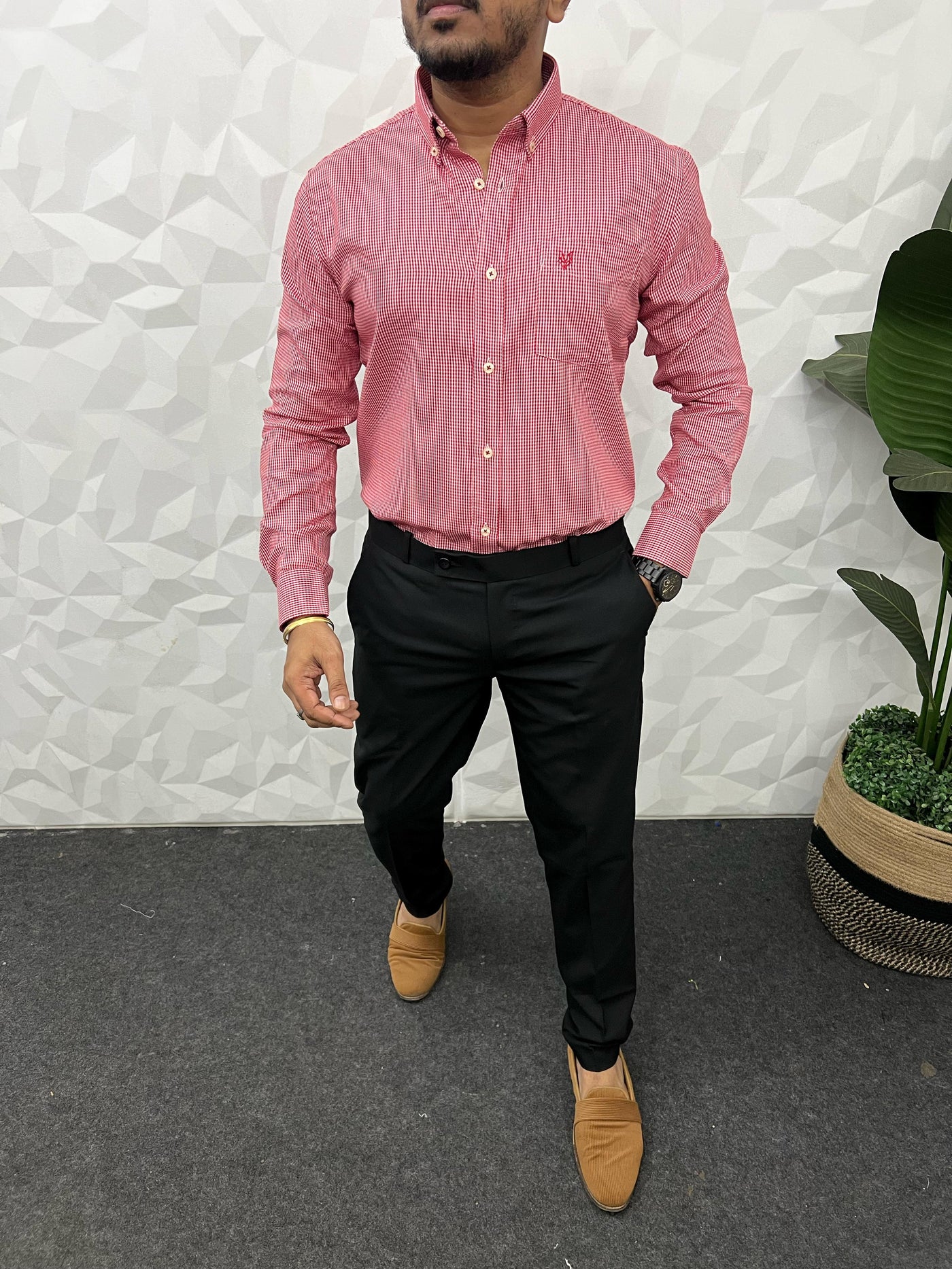 Oxford fabric formal small chex shirt