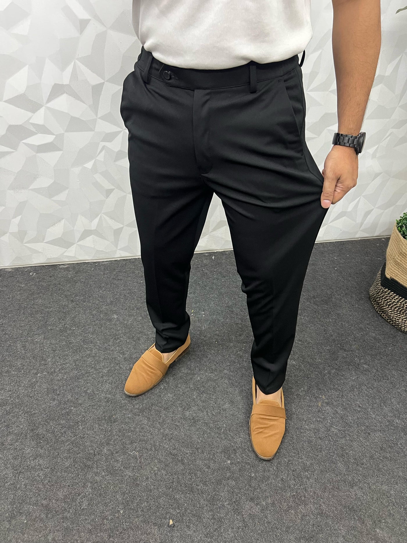 Flexi waist cotton twill black trouser