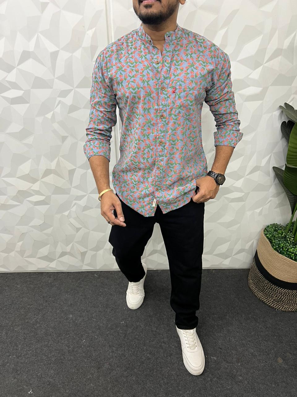 Mandarin collar denim printed shirt