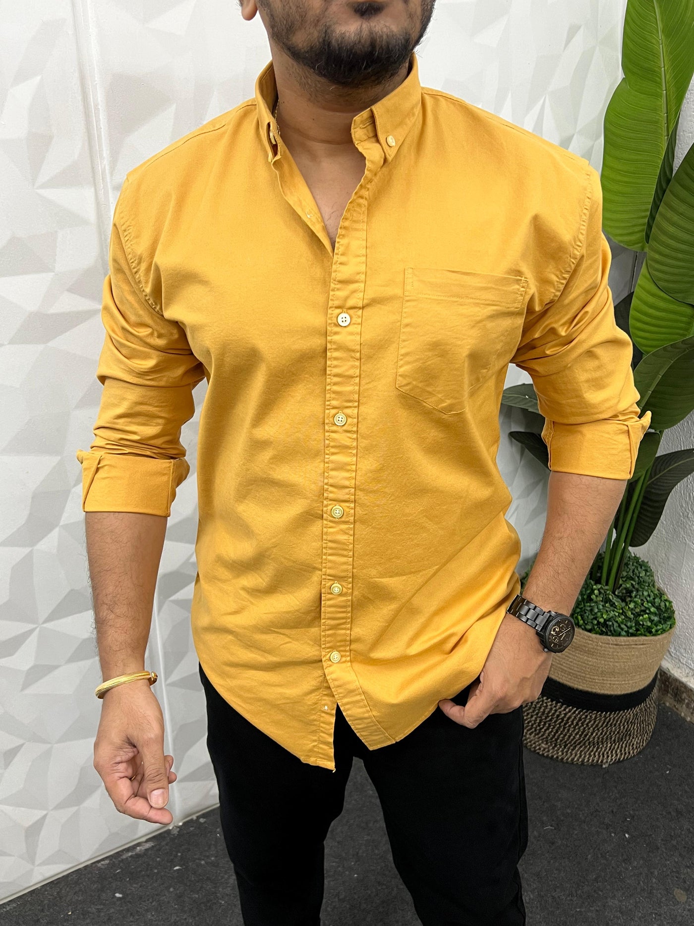 Oxford lycra solid shirt (Mustard yellow)
