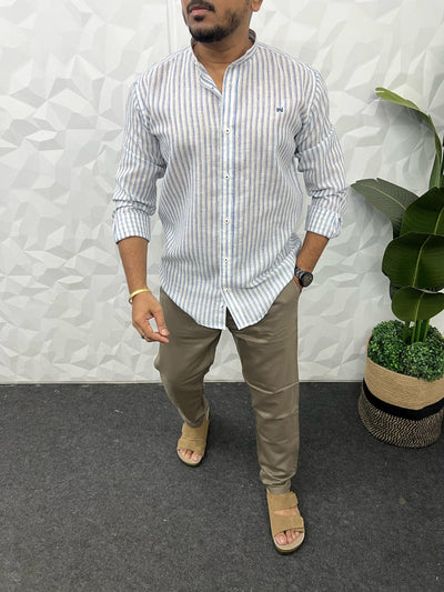 Linen fabric mandarin collar stripes shirt