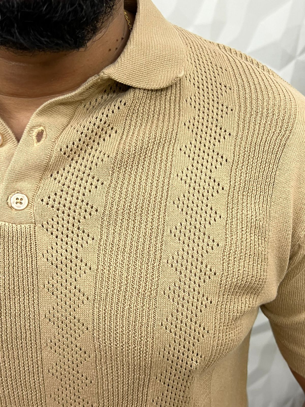 knitted fabric collar t-shirt ( brown )