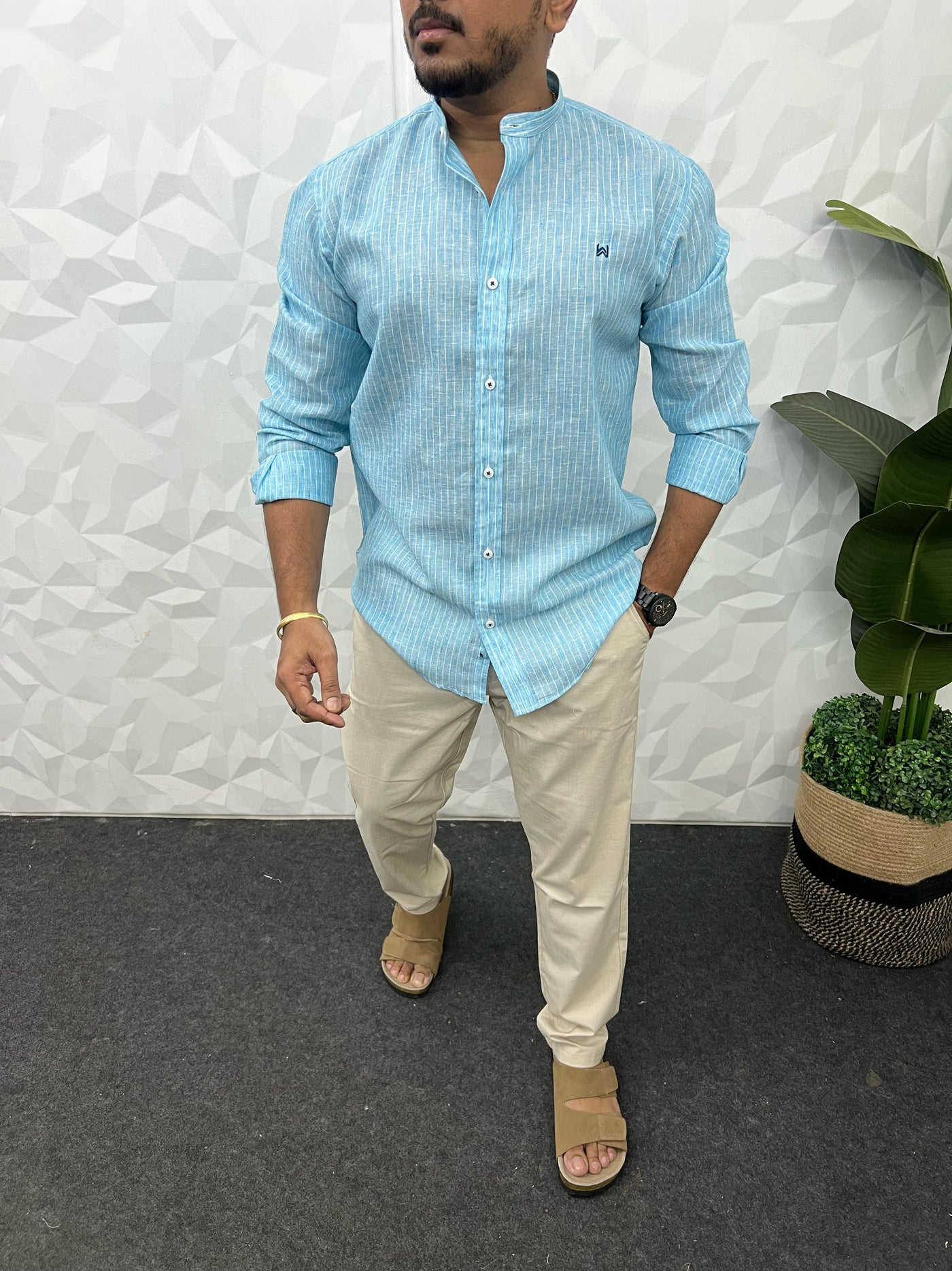 Linen fabric mandarin collar stripes shirt