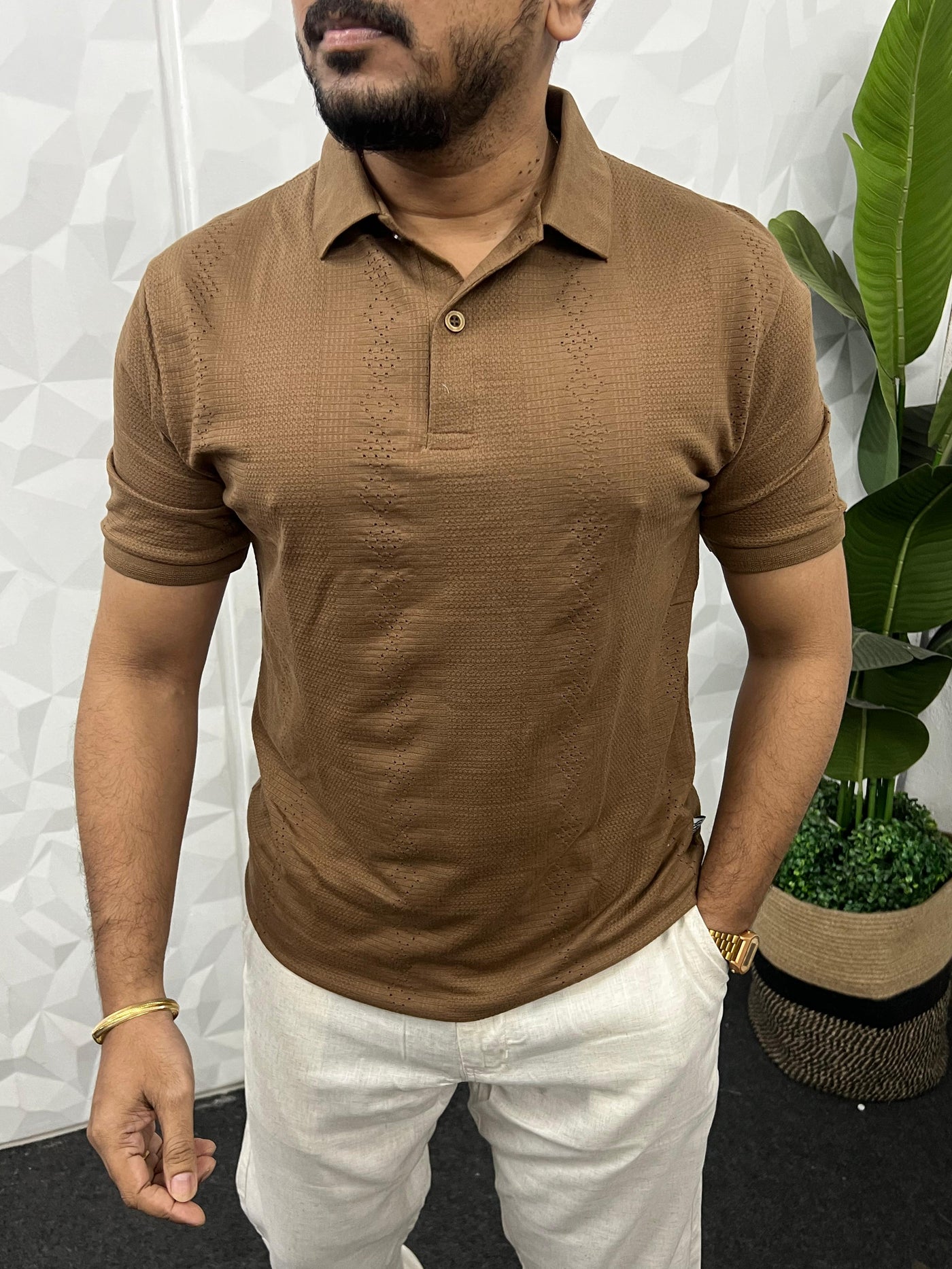 Cotton texture fabric collar t-shirt