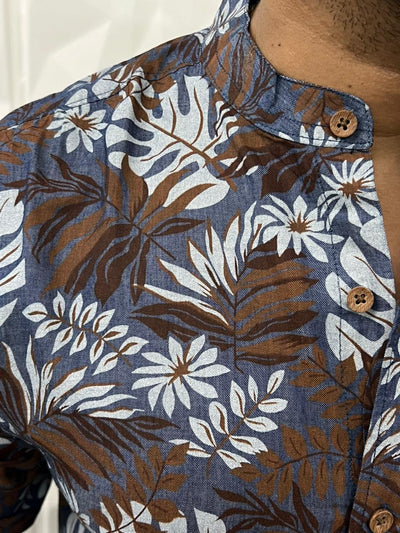 Mandarin collar denim printed shirt