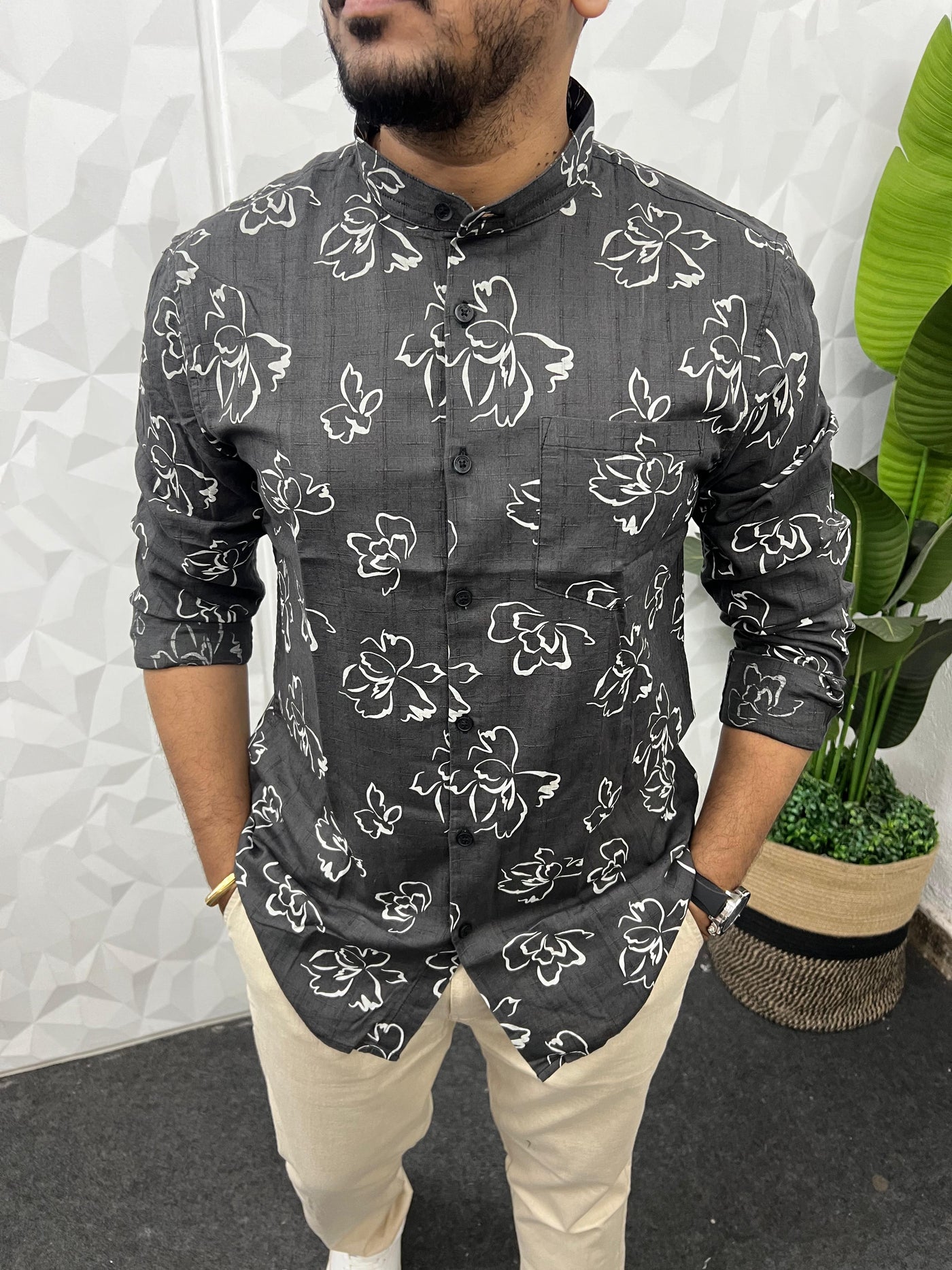 Mandarin collar printed shirt