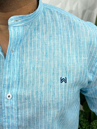 Linen fabric mandarin collar stripes shirt