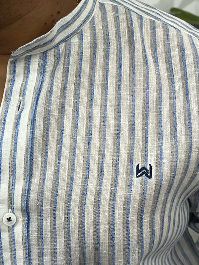Linen fabric mandarin collar stripes shirt