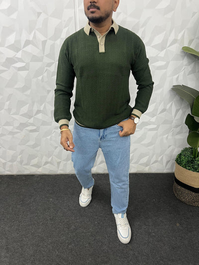 Flat knit collar full sleeve t-shirt