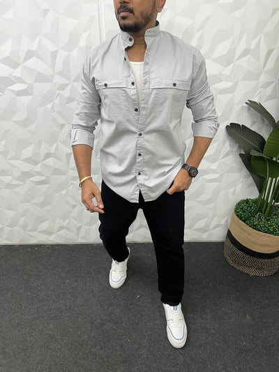 Mandarin collar oxford cargo shirt (Light grey)