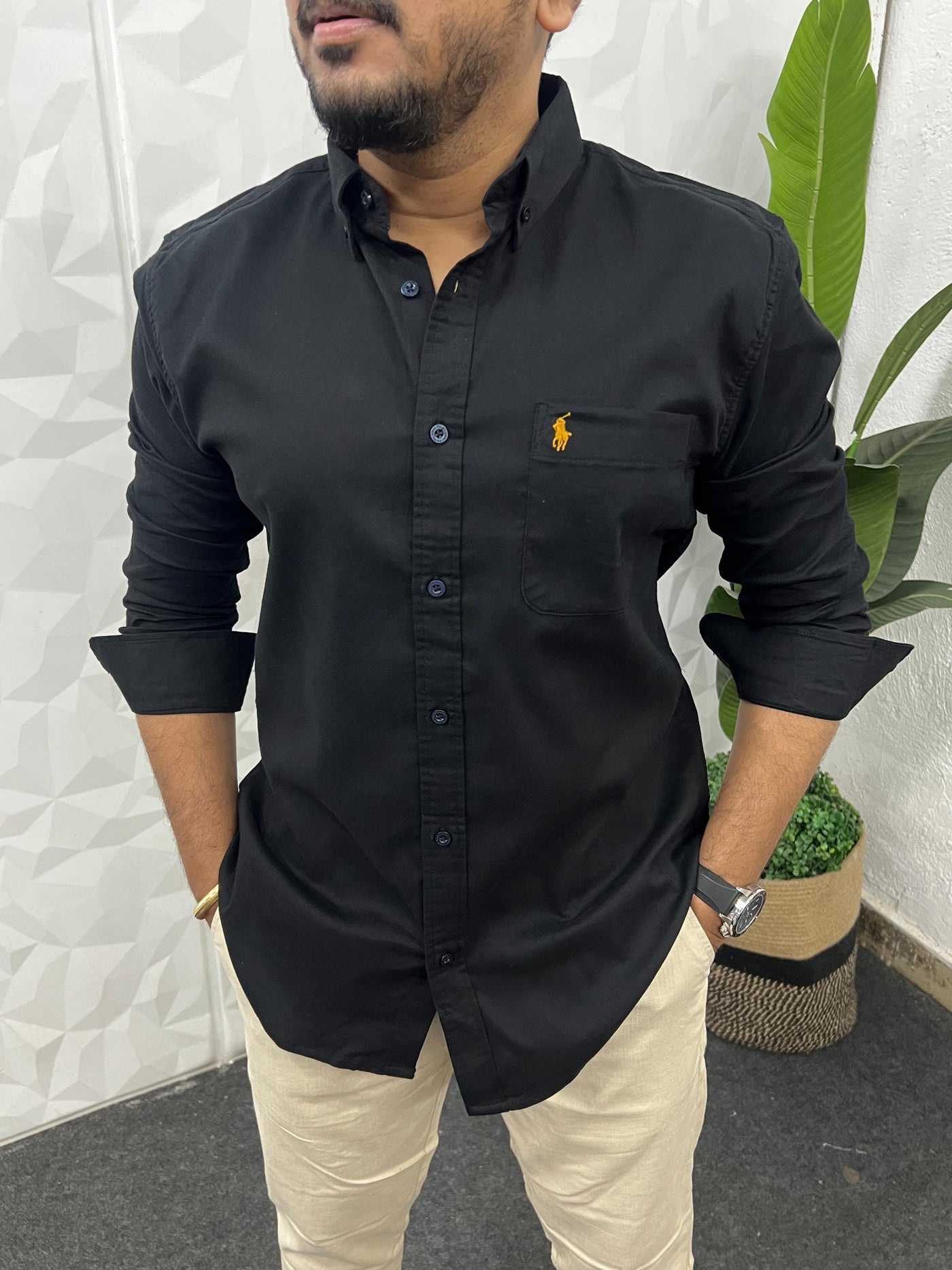 Corduroy lycra fabric shirt (Black)
