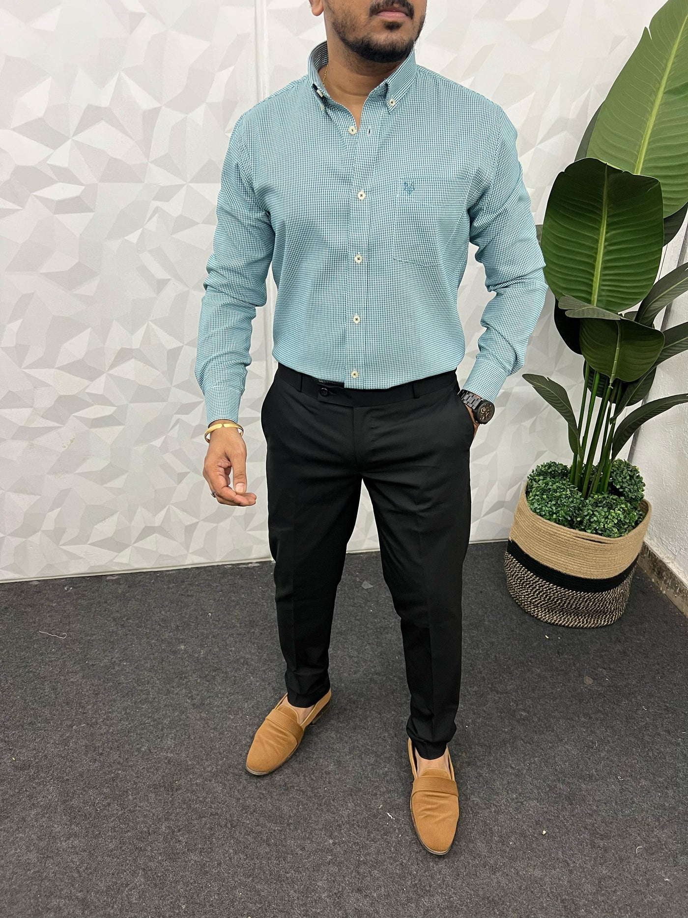 Oxford fabric formal small chex shirt