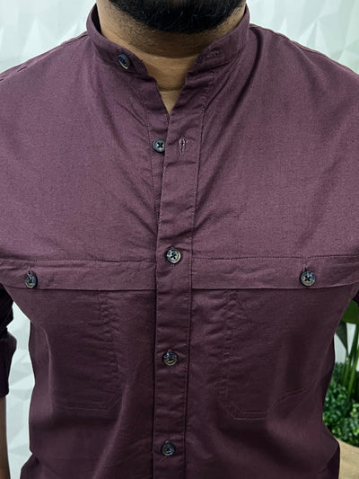 Mandarin collar oxford cargo shirt (Wine)