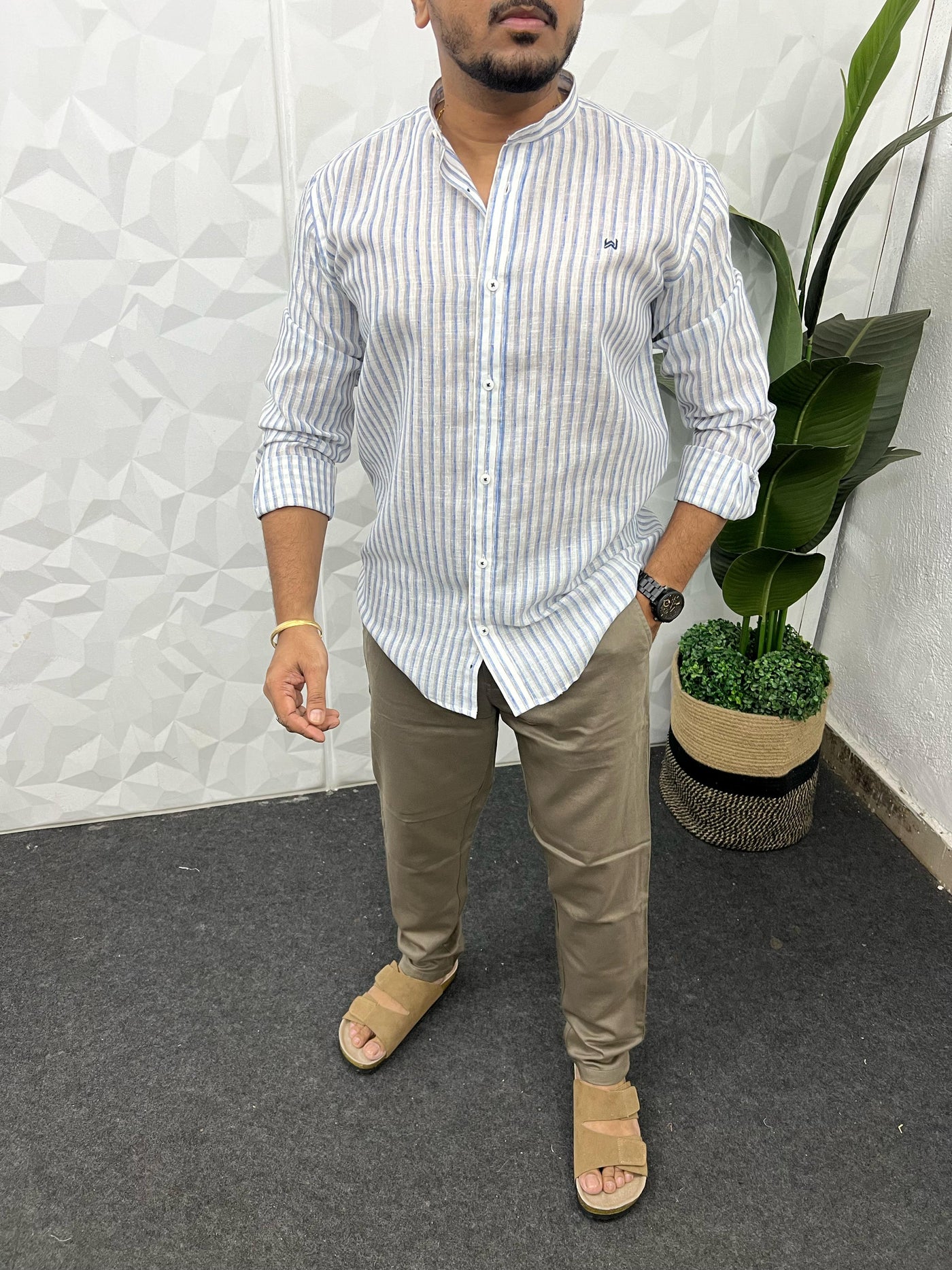 Linen fabric mandarin collar stripes shirt