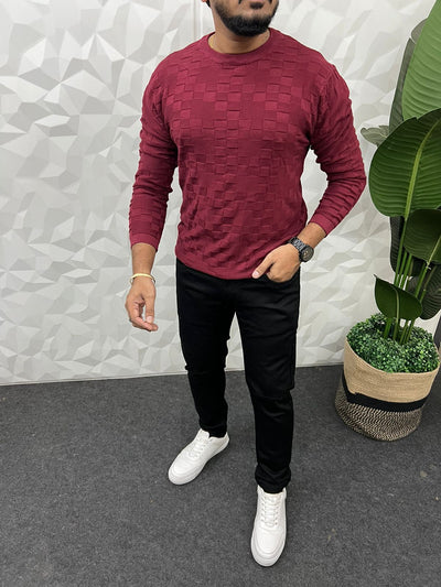 Bold knitted full sleeve t-shirt ( maroon )