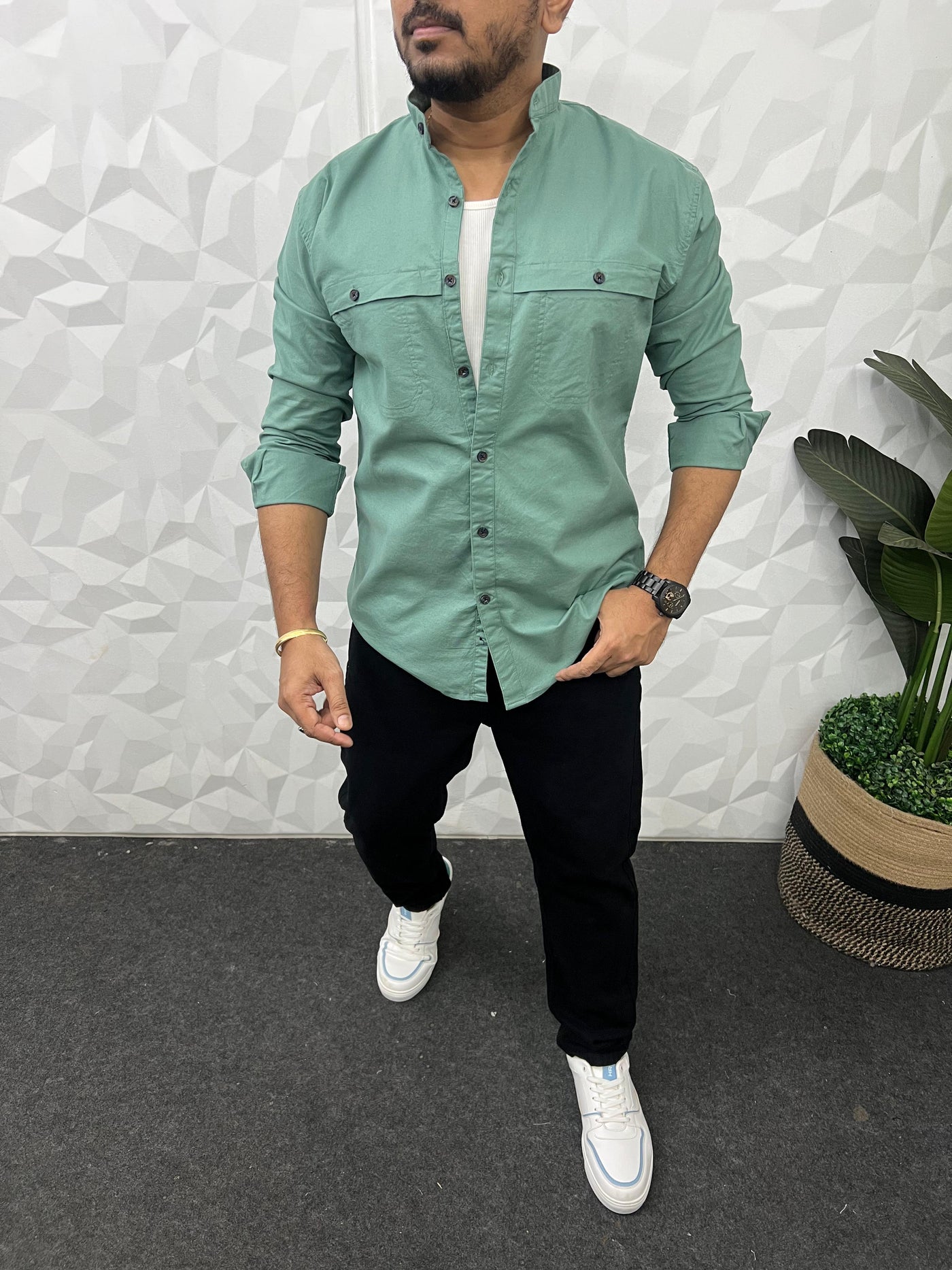 Mandarin collar oxford cargo shirt (Sea green)