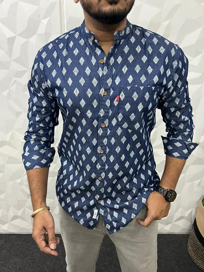 Mandarin collar denim printed shirt