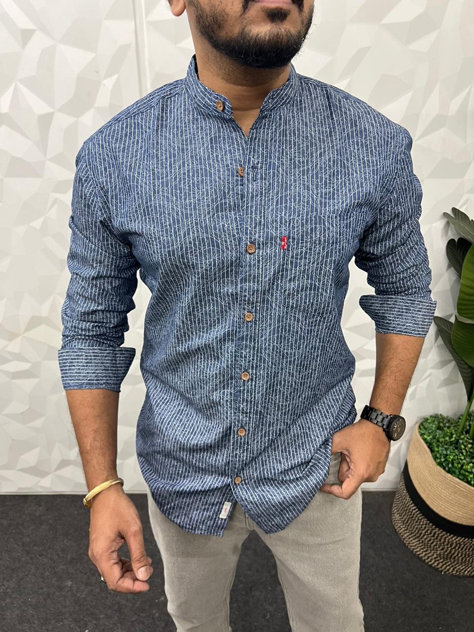 Mandarin collar denim printed shirt