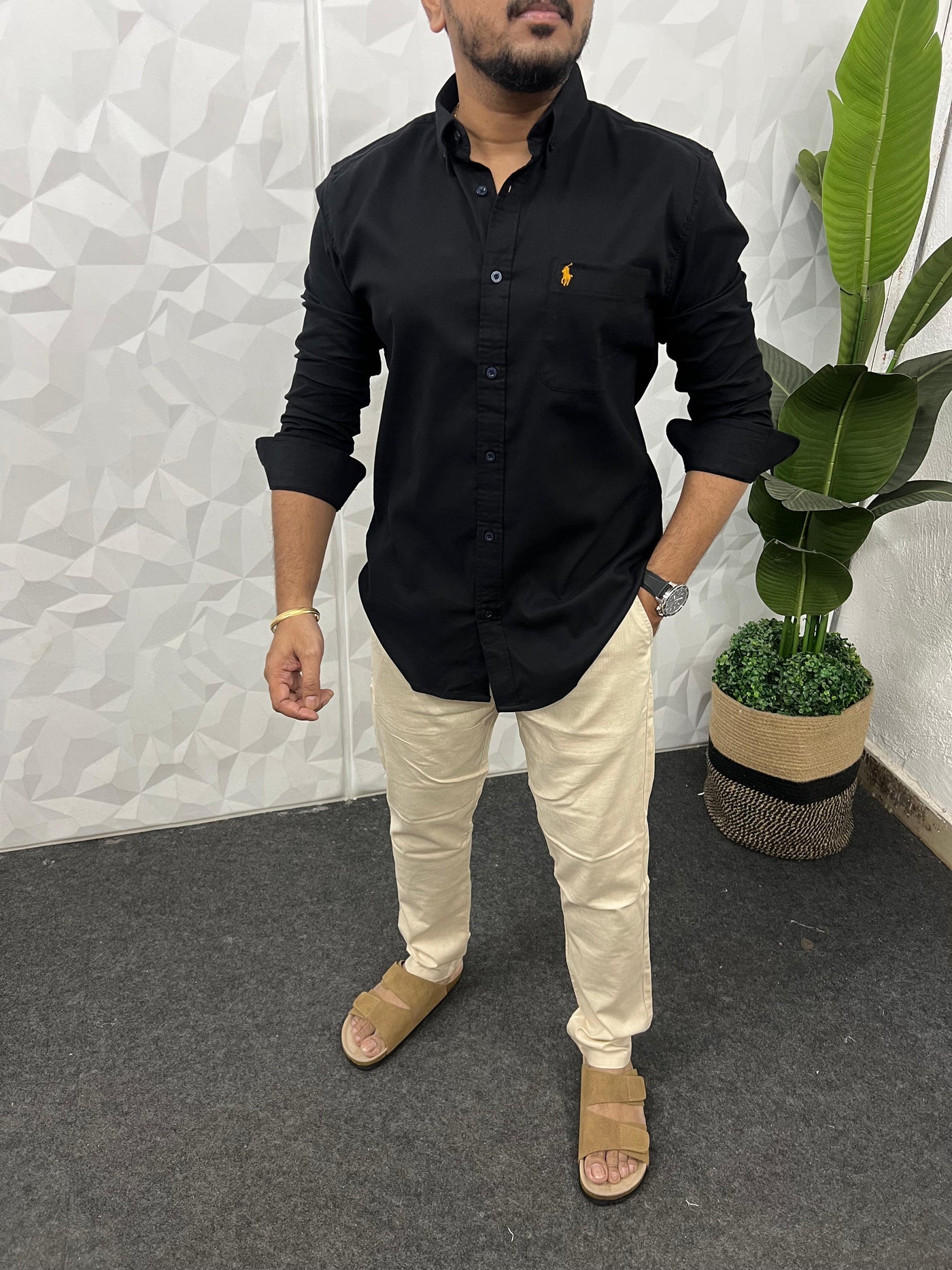 Corduroy lycra fabric shirt (Black)