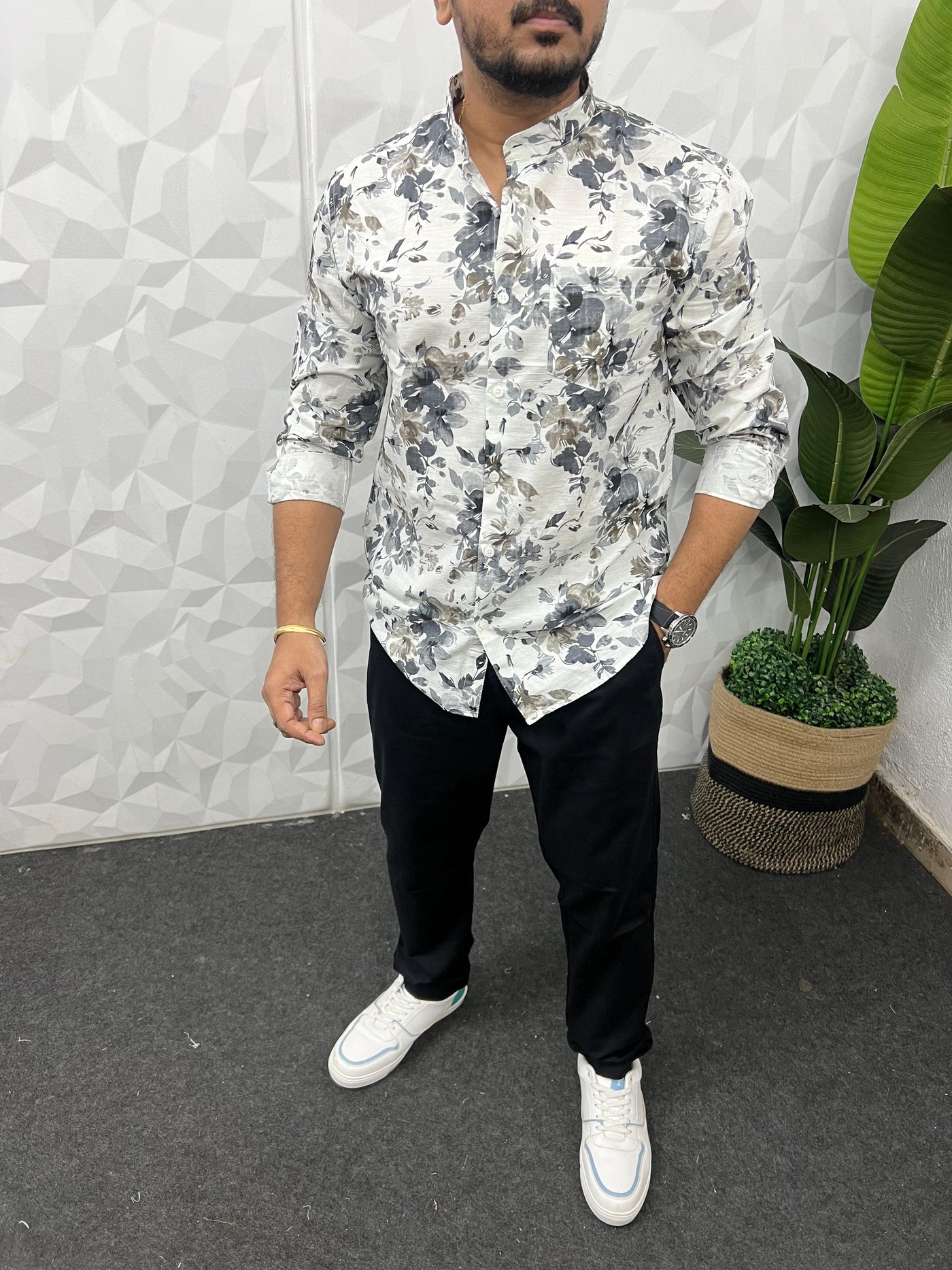 Mandarin collar printed shirt