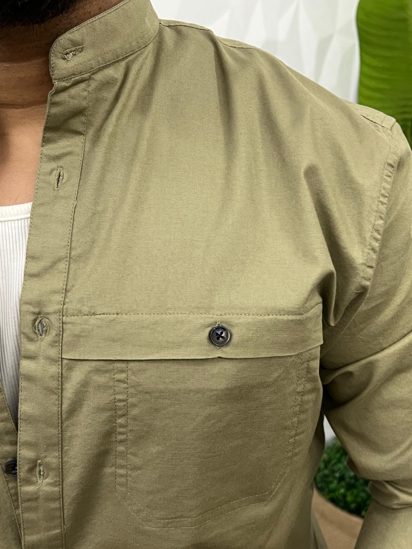 Mandarin collar oxford cargo shirt (Olive green)