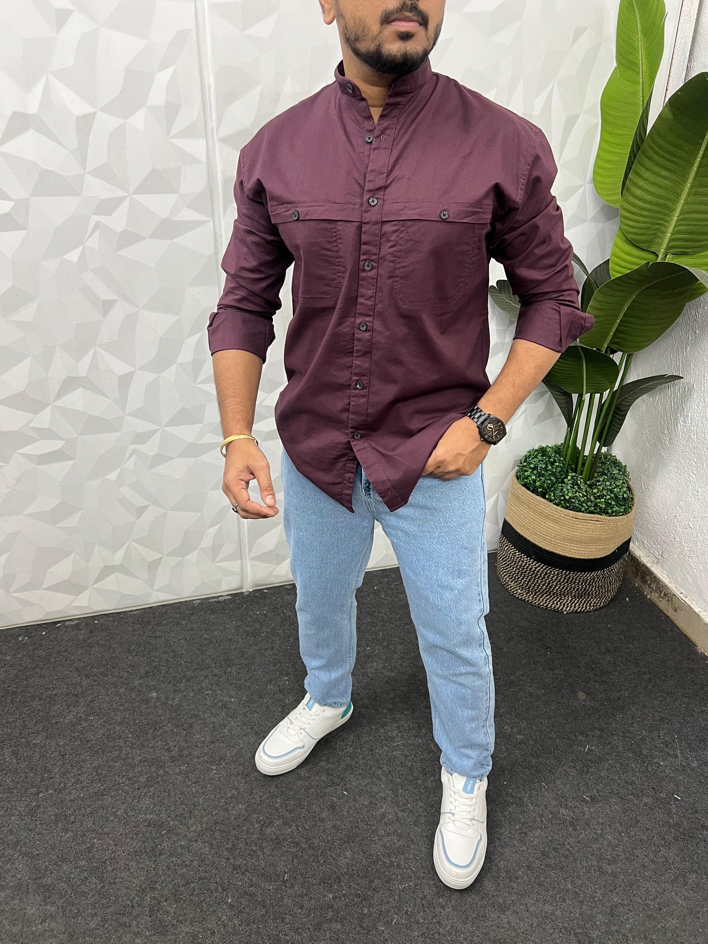 Mandarin collar oxford cargo shirt (Wine)