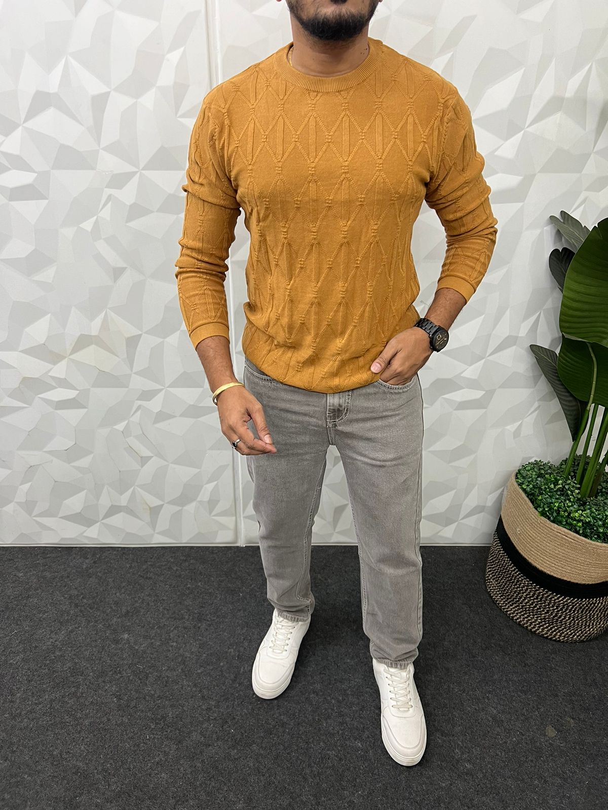 knitted full sleeve t-shirt ( mustard )