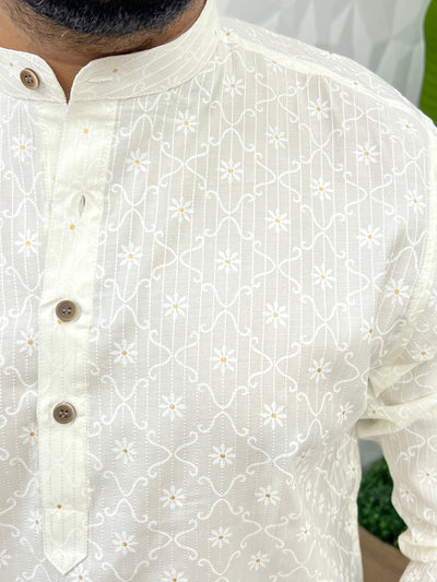 Special jacquard white short kurta